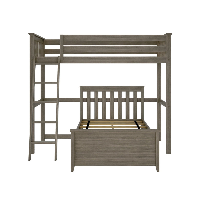 Twin-over-full wooden bunk bed with ladder, slatted headboard and safety guardrail in gray-washed finish — space-saving sturdy kids' bedroom frame