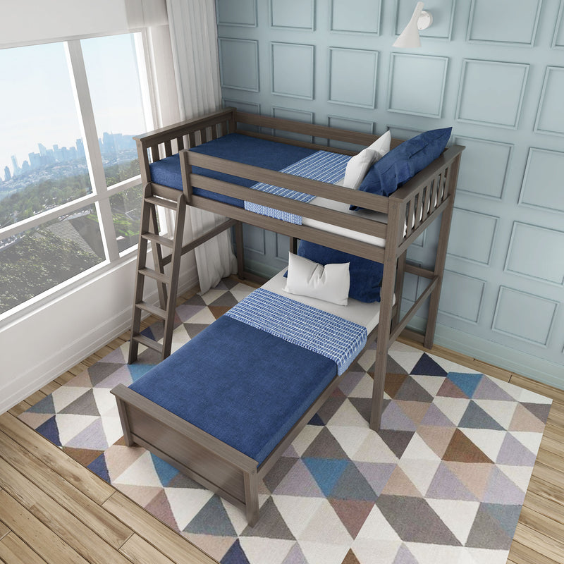 Wooden twin bunk bed with blue bedding and ladder in kids' room, geometric rug, pale blue paneled wall and city view