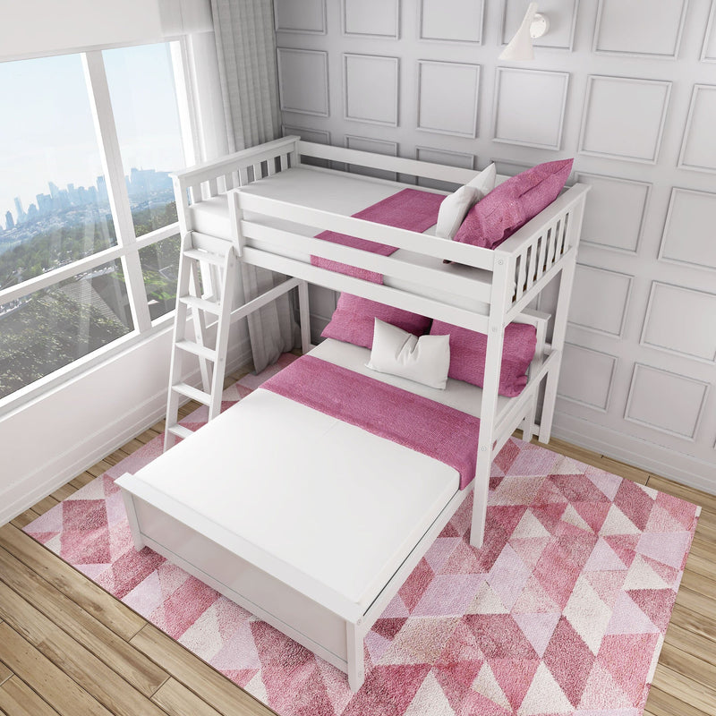 White wooden twin-over-full bunk bed with pink bedding and geometric pink rug in bright modern kids' bedroom with large window and city view