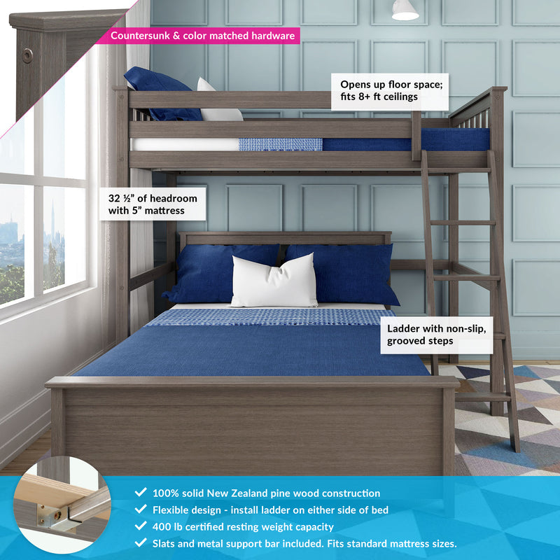 Solid New Zealand pine twin-over-full loft bunk bed in grey with ladder and non-slip grooved steps, blue bedding, 400 lb capacity, space-saving for 8+ ft ceilings