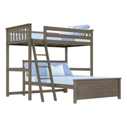 Wooden twin over full bunk bed with ladder and blue bedding set.