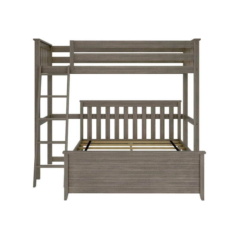 Weathered gray twin-over-full wooden bunk bed frame with attached ladder, slatted headboard and guardrails, modern farmhouse platform for kids and guest room