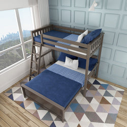 Modern wooden bunk bed with blue bedding in stylish bedroom with city view.