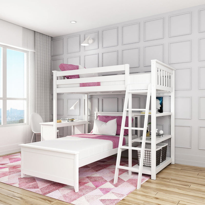 White wooden bunk bed with pink accents in a modern bedroom, featuring a desk and storage shelves, against a paneled gray wall.