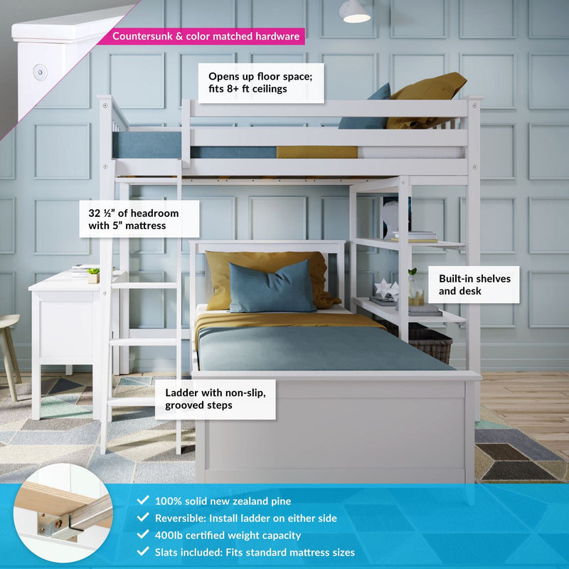 White solid wood loft bunk bed with ladder, built-in shelves and desk, teal and mustard bedding in a kids' bedroom with paneled blue accent wall