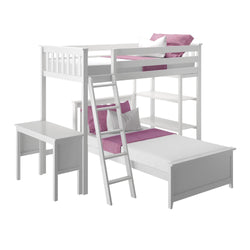 White twin loft bed with ladder, attached desk, and pink bedding.