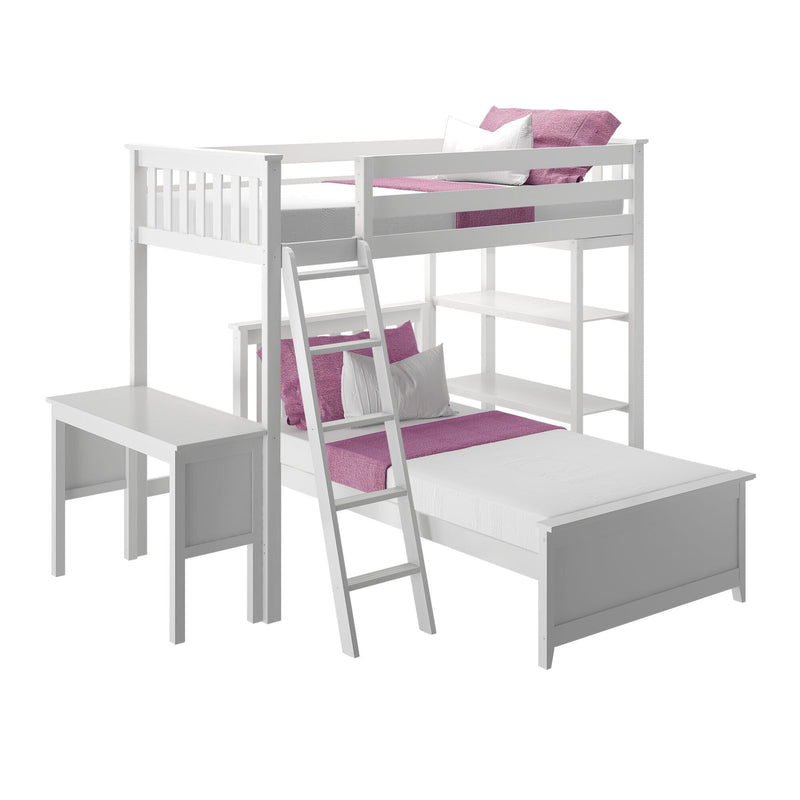 White twin loft bed with ladder, built-in desk and open shelving, pink throw and pillows, space-saving children's platform bed