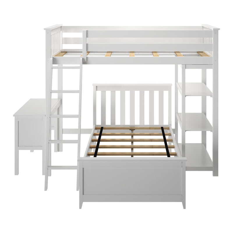 White wooden loft bed with ladder, slatted mattress support and built‑in shelves and storage bench