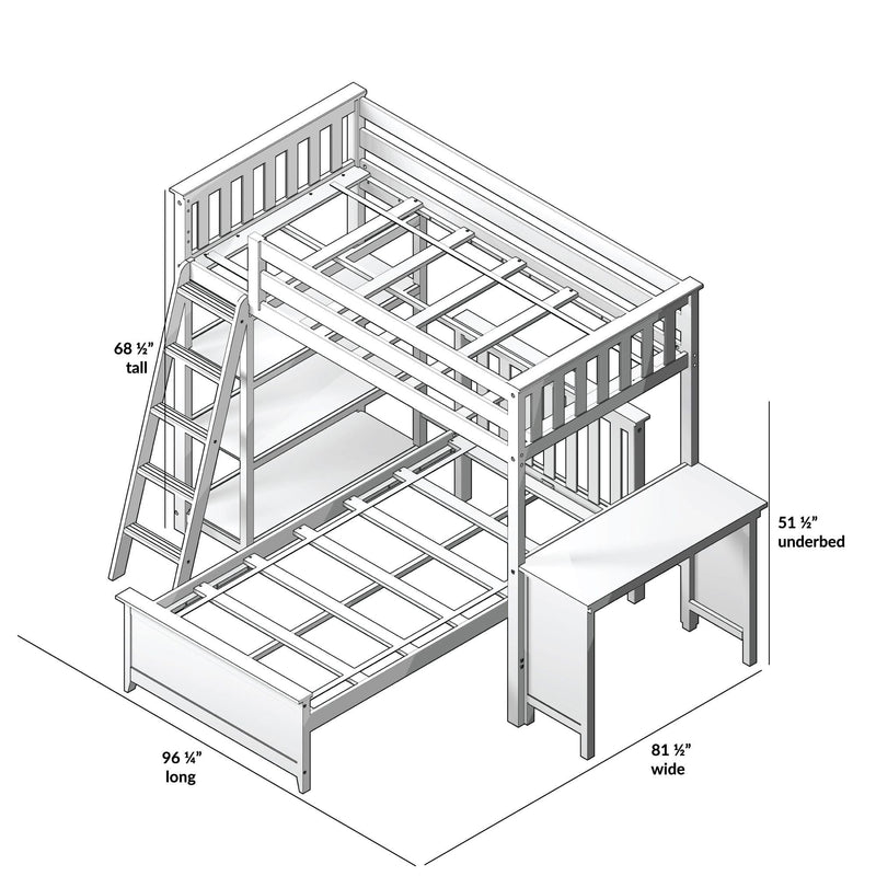 White wooden loft bunk bed frame with ladder and underbed desk, twin-over-full slatted guardrails, dimensions 68.5 in tall × 96.25 in long × 81.5 in wide