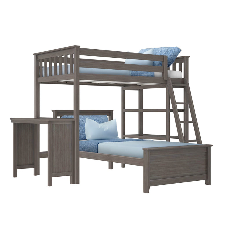 Gray wood twin-over-full loft bunk bed with ladder, built-in desk and open shelving, blue bedding, space-saving kids bedroom furniture