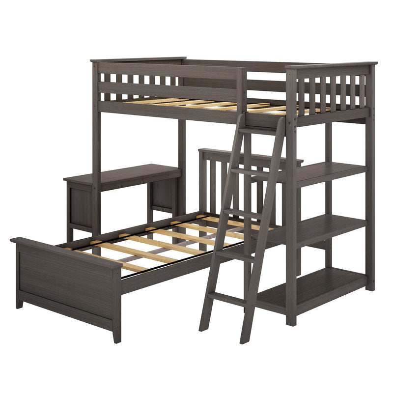 Gray wooden loft bed with built-in desk, shelves, and ladder for optimized bedroom space.