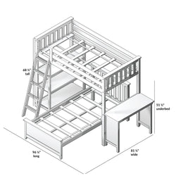 Bunk bed with desk and ladder, dimensions labeled, modern design for small spaces.