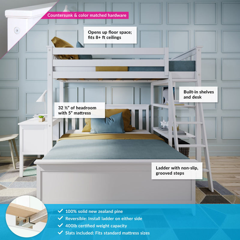 Twin Over Full L-Shaped Bunk Bed With Bookcase & Desk