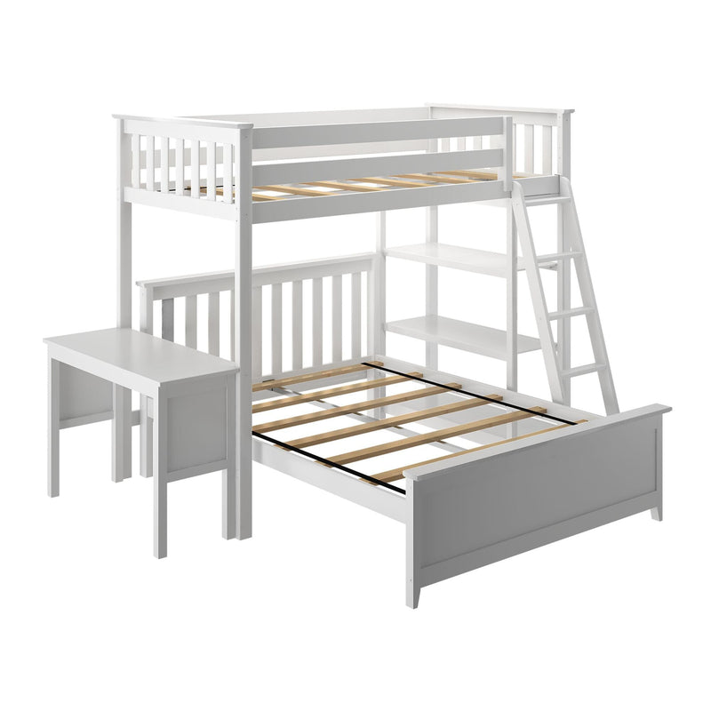 White wooden twin-over-full loft bunk bed with ladder, built-in desk and open shelves, space-saving kids' bedroom furniture