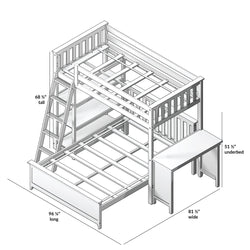 Loft bed with desk and ladder, detailed dimensions: 68.5" tall, 96.25" long, 81.5" wide, 51.5" underbed.