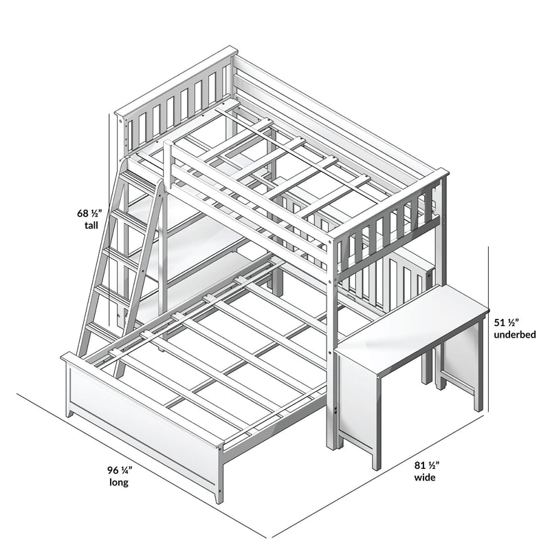 White wooden twin-over-full bunk bed with ladder, slatted guardrails and built-in underbed desk, platform slats and storage-ready 51 1/2″ underbed clearance, dimensions 96 1/4″ L x 81 1/2″ W x 68 1/2″ H