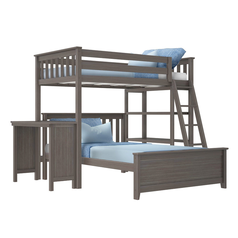 Gray wood twin-over-full loft bunk bed with ladder and built-in desk, styled with blue pillows and bedding