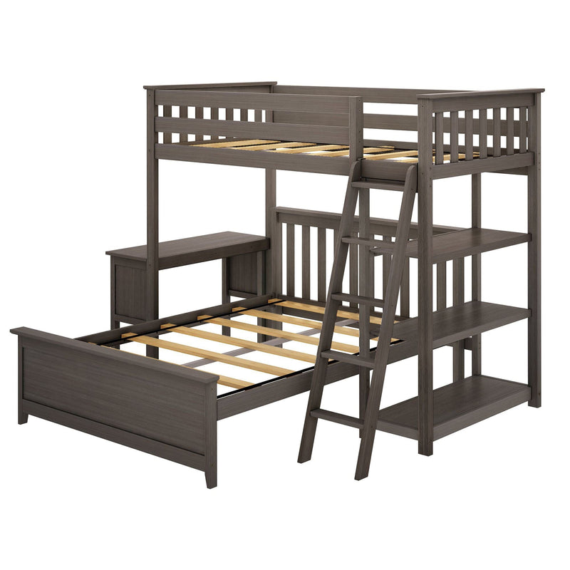 Gray twin-over-full loft bunk bed with ladder, built-in storage shelves and wooden slatted frame with safety guardrails for kids' bedroom