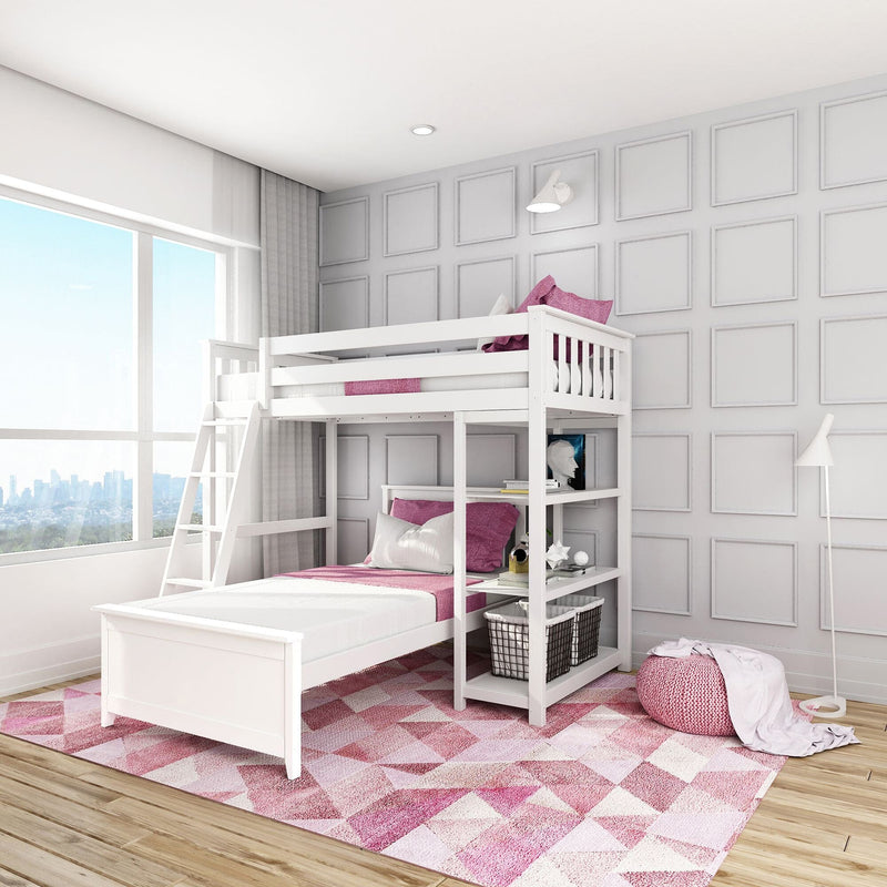 White loft bunk bed with lower twin bed, pink bedding and geometric pink rug in a bright modern kids' bedroom with large city-view window, ladder, built-in shelving and pouf