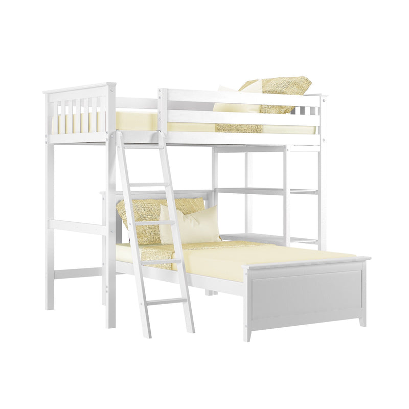 White wooden loft bunk bed with built-in ladder and yellow bedding, modern kids' bedroom furniture