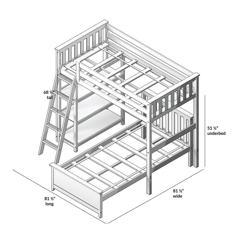 Assembly diagram of a wooden loft bunk bed frame with ladder, slatted mattress supports and under-bed storage space