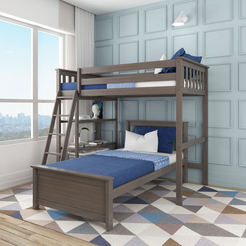 Modern gray wooden loft bunk bed with ladder and blue bedding in a light-blue paneled kids' bedroom by large window — space-saving twin-over-twin design