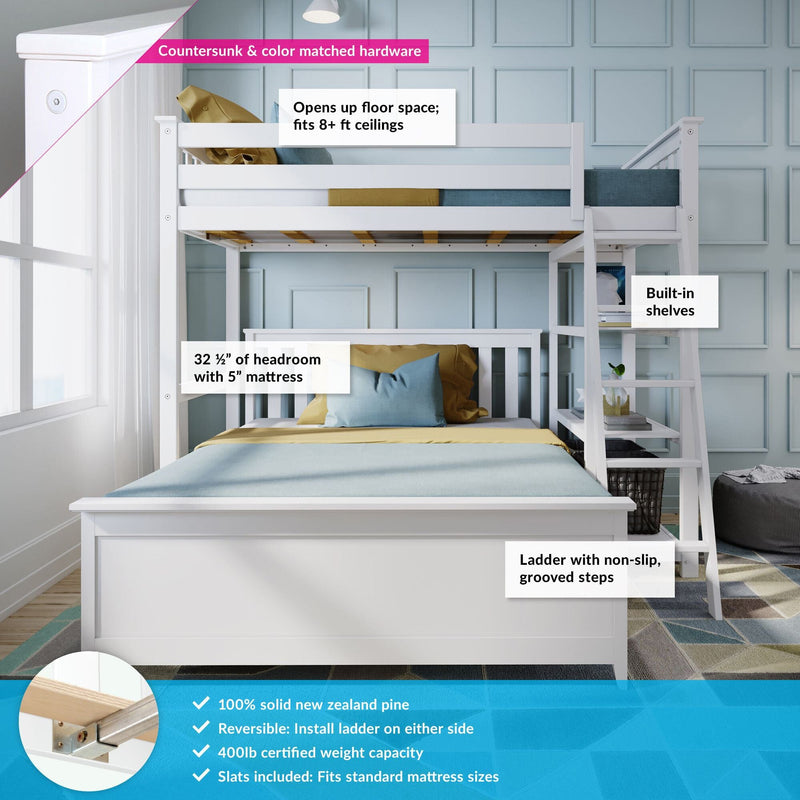 White solid pine twin-over-full loft bunk bed with ladder and built-in shelves in a modern blue-paneled bedroom, fits 8+ ft ceilings