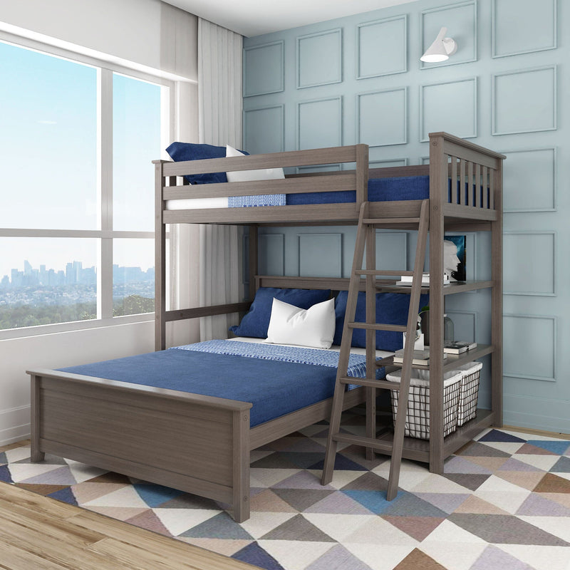 Gray wood twin-over-full bunk bed with ladder and built-in shelves, blue bedding and geometric rug in a modern kids' bedroom with large window and city skyline view