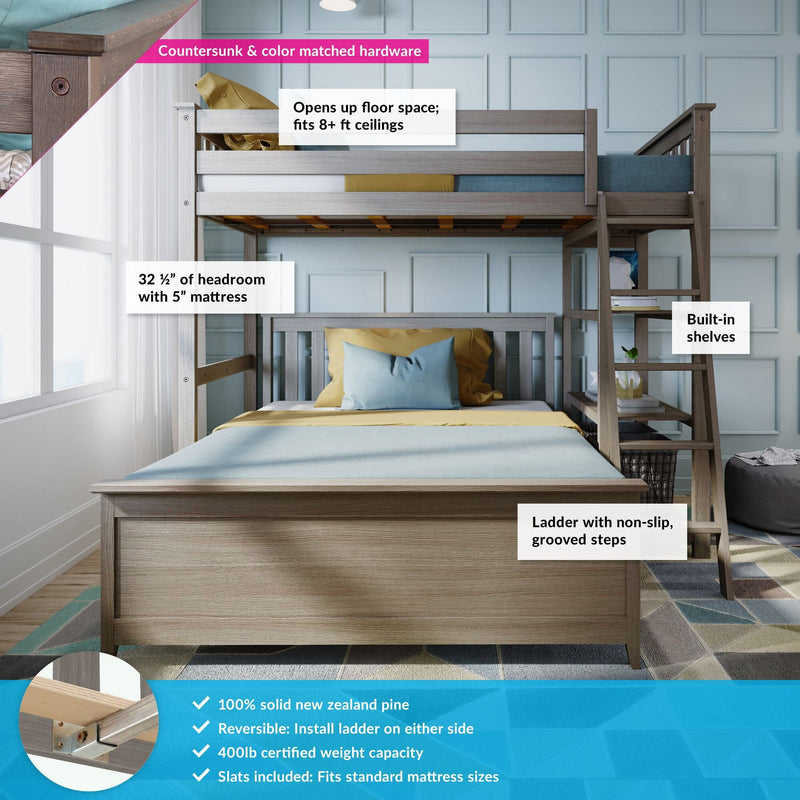 Weathered gray twin-over-full bunk bed in 100% solid New Zealand pine with built-in shelves, reversible ladder with non-slip grooved steps, modern farmhouse style, fits 8+ ft ceilings