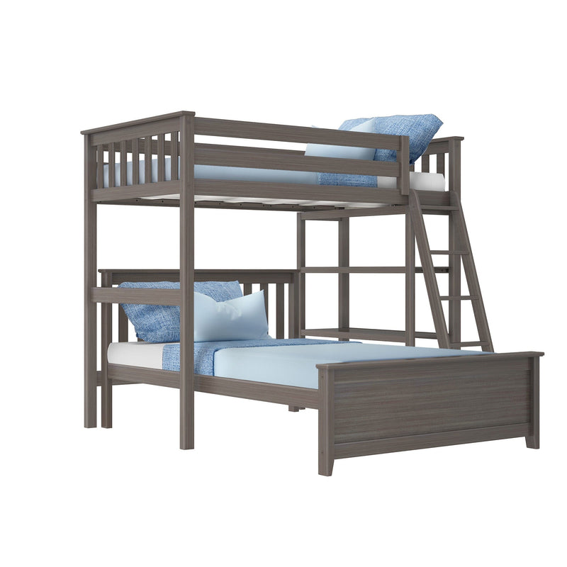 Gray wooden twin-over-full bunk bed with ladder and safety rails, modern space-saving kids' bedroom furniture with blue bedding