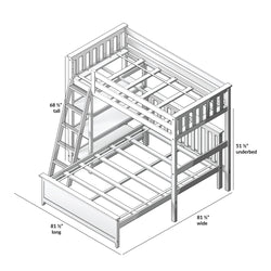 Three-dimensional diagram of a twin over full bunk bed with measurements, illustrating its design and dimensions.