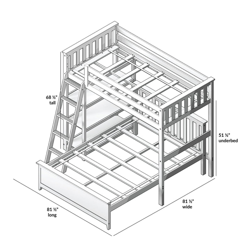 Twin-over-full white wooden bunk bed with ladder, slatted platform frame and guardrails; isometric assembly diagram showing dimensions 81½" long × 81½" wide × 68½" tall and 51½" underbed clearance