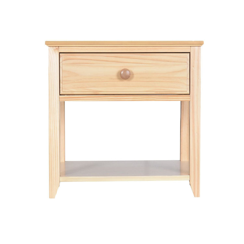 Light natural pine bedside table nightstand with single drawer and knob, open lower shelf and minimalist wooden bedroom storage