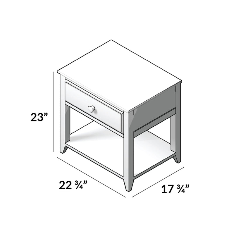 Nightstand with drawer and dimensions, 23 inches tall, 22.75 inches wide, 17.75 inches deep.