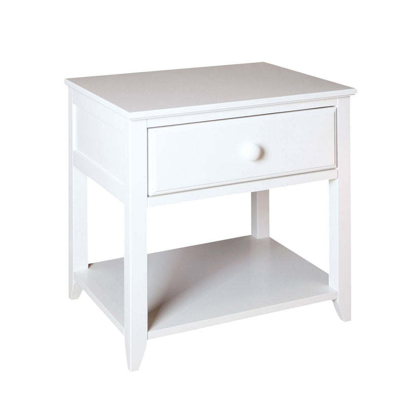 White wooden nightstand (bedside table) with a single drawer, round knob and lower open shelf — minimalist bedroom storage