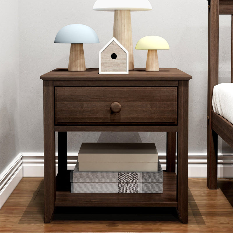 Dark wood bedside table (nightstand) with single drawer, decorative birdhouse, three pastel mushroom table lamps and storage boxes on lower shelf in a bedroom