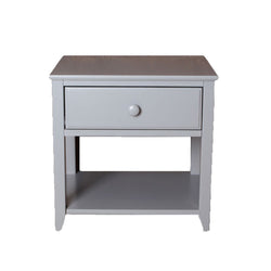 Gray wooden nightstand with drawer and open shelf.