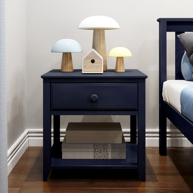 Navy blue bedside table with three wooden mushroom lamps and a small birdhouse, modern minimalist bedroom decor