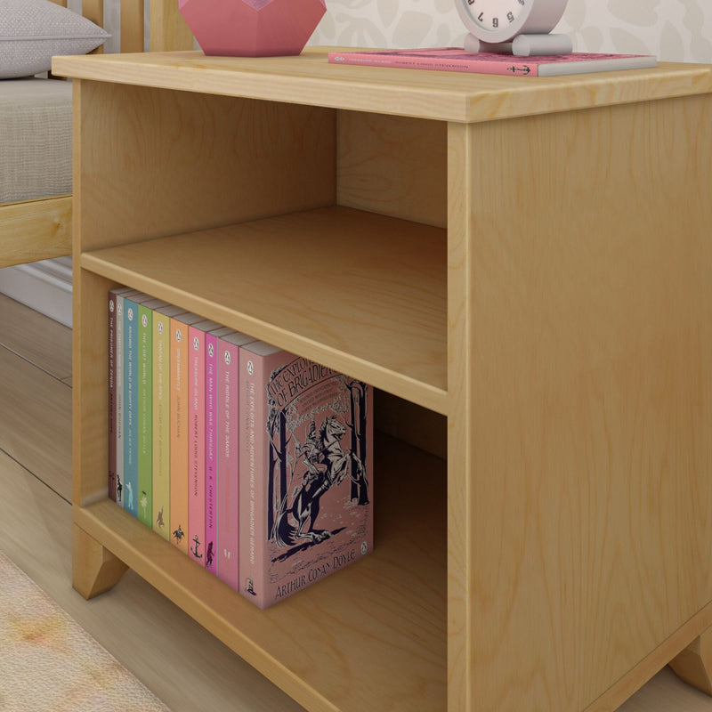 Wooden nightstand with books and a clock, perfect for bedroom decor and storage solutions.