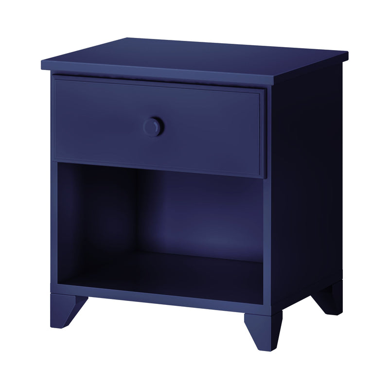 Navy blue modern bedside nightstand with single drawer, open shelf and angled legs — wooden bedroom storage table