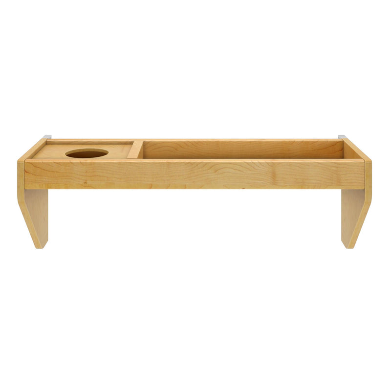 Wooden shelf with built-in planter, minimalist design, front view.
