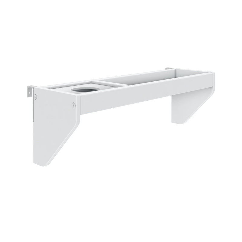 White wall-mounted floating shelf with integrated circular cup holder and angled support brackets, modern minimalist bathroom and kitchen organizer for small-space storage of toiletries and mugs