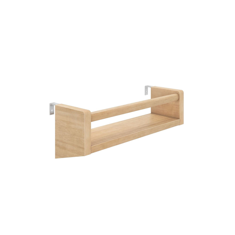 Wall-mounted wooden shelf with metal brackets for home or office storage.