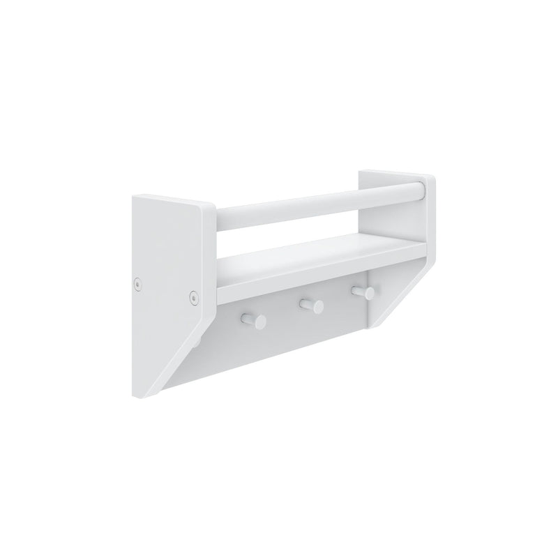White wall-mounted shelf with hooks for versatile storage solutions.