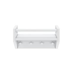 White wooden wall-mounted storage shelf with hooks for home organization.
