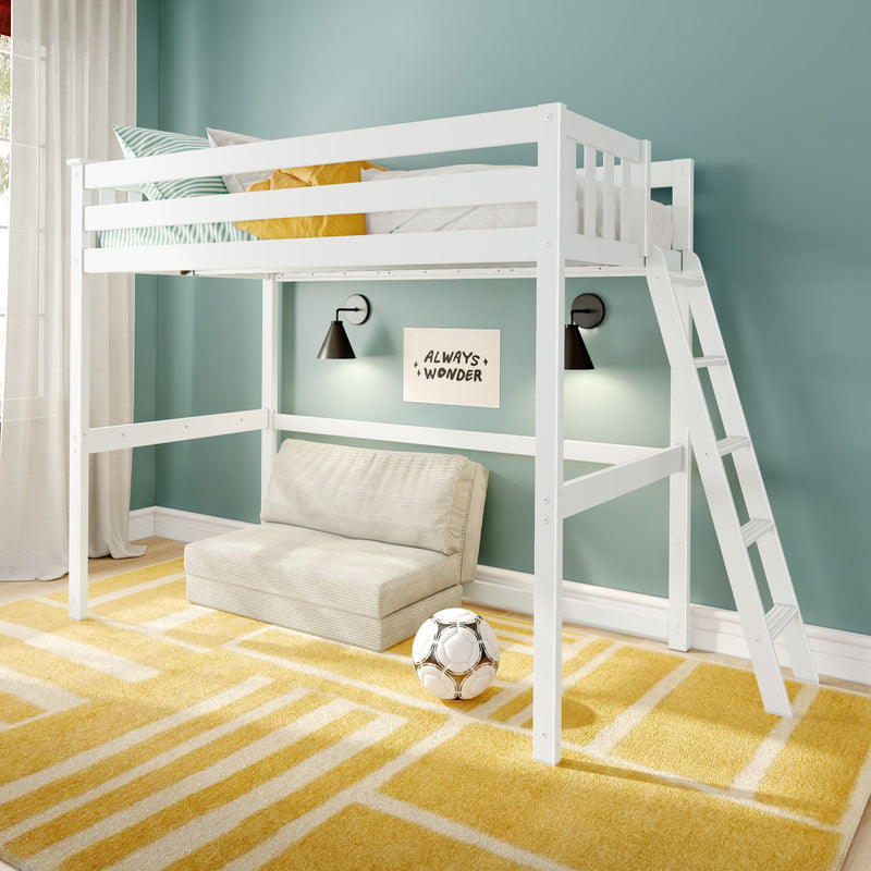 Modern white loft bunk bed with ladder in kids' bedroom, teal accent wall, striped pillows, yellow geometric rug, soccer ball and wall reading lights