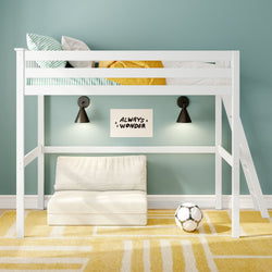 White children's loft bed with ladder in modern teal-accent kids' room, striped bedding and yellow throw, cream floor seat, wall sconces and soccer ball