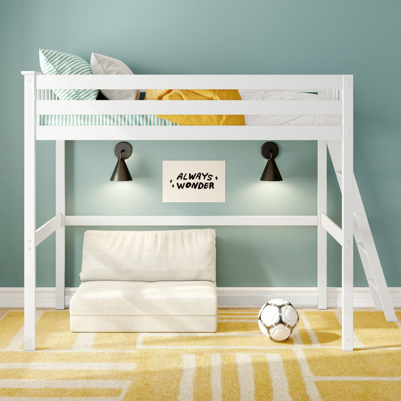 White wooden loft bunk bed in a kids' bedroom with teal wall, striped pillows, yellow blanket, dual wall reading lamps, yellow rug and soccer ball