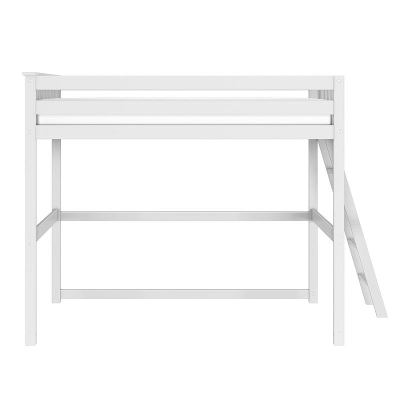 White wooden loft bed frame with safety railings and angled ladder, modern twin mattress platform