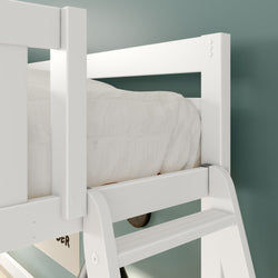 White wooden loft bed with ladder and safety rail, white mattress and bedding against teal wall — modern space-saving kids bedroom furniture
